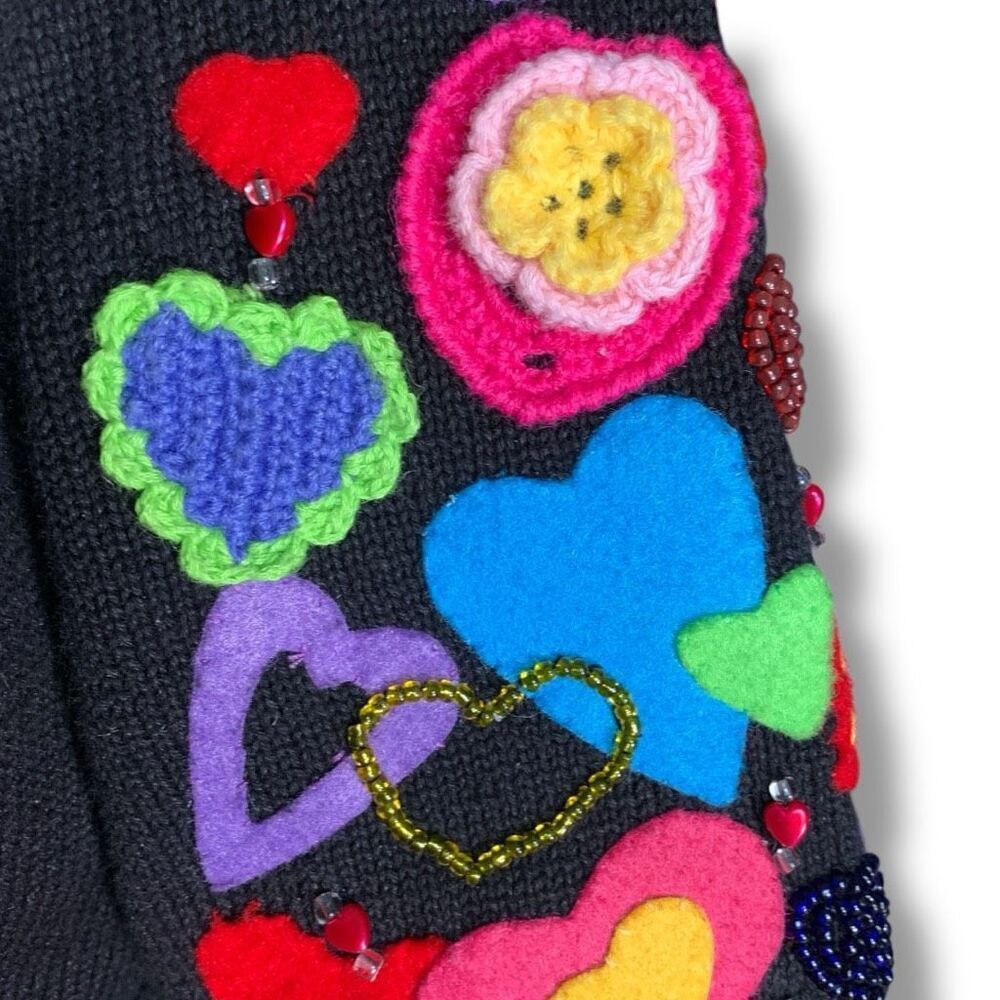 Vintage 90s Michael Simon Cropped Cardigan Bright Pink Knit Black Heart Pattern - Image 5